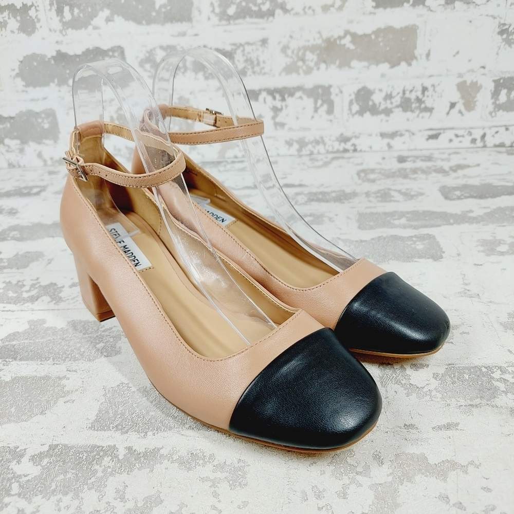 Steve Madden Two-Tone Black and Tan Block Heel Pumps